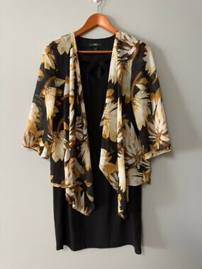 R&K Women 2 Pc Dress Set Size 8 Black Sheath Floral Jacket Career Wedding